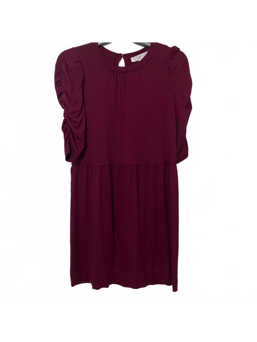LOFT Minimalist Romantic Office Wear Burgundy Ruched Sleeves Dress Medium-New